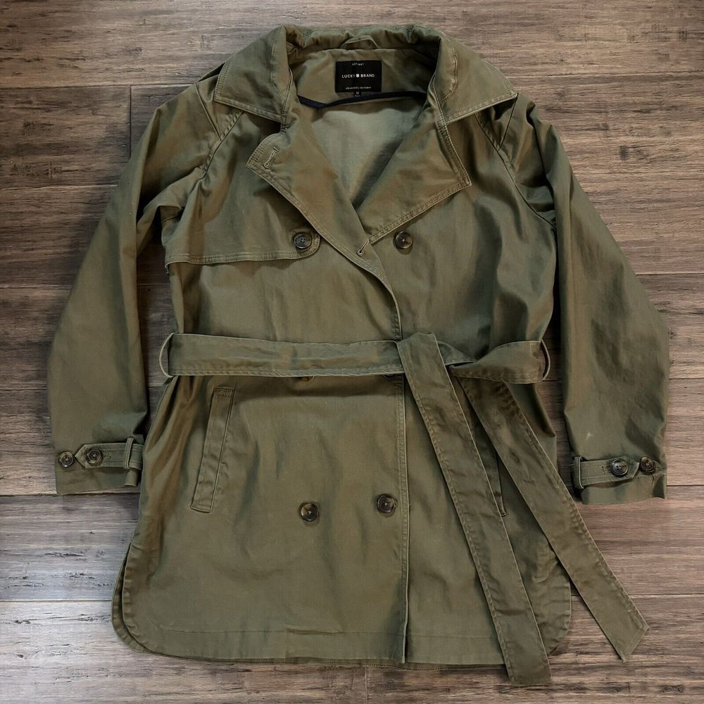Lucky Brand Jacket Peacoat Womens Medium Green Button Front Belted Long Sleeve